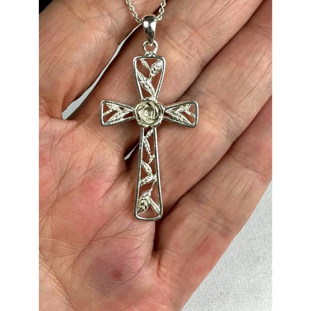 Vintage 925 Sterling Silver Rose Cross Pendant Necklace 2